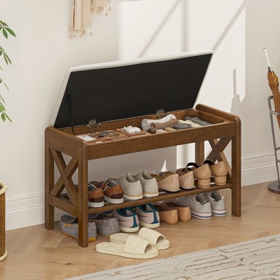 Shoe Bench with Performance Cushioned Seat, Entryway Bench with Lift Top Storage, 2-Tier Wooden Shoe Bench Rack for Entryway, Hallway, Living Room