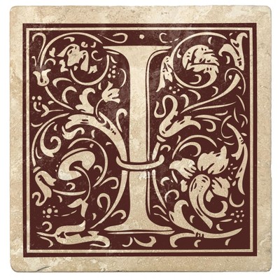 Christmas by Krebs Set of 4 Ivory and Brown "I" Square Monogram Coasters 4"