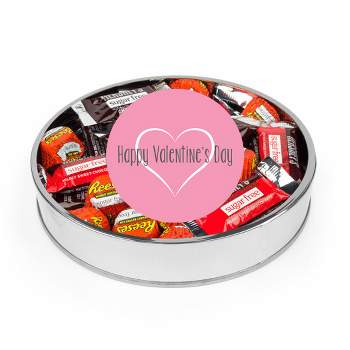 Valentine's Day Sugar Free Chocolate Gift Tin Large Plastic Tin with Sticker and Hershey's Candy & Reese's Mix - Pink - By Just Candy