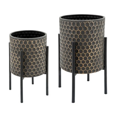 Sagebrook Home Set of 2 Honeycomb Planters on Metal Stand Black/Gold