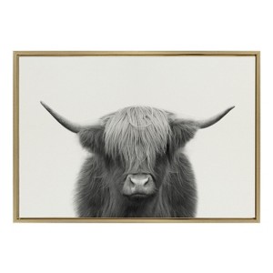 Kate and Laurel Sylvie Hey Dude Highland Cow Framed Linen Canvas by The Creative Bunch Studio, 23x33, Bright Gold - 1 of 4