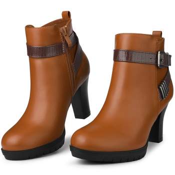 Perphy Women's Platform Side Zip Block Heel Cross Strap Buckle Ankle Boots