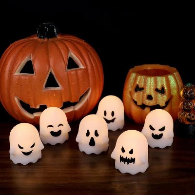 Halloween Ghost Lights Flameless Candles Operated w/ Remote & Timer 6 Pack Spooky LED Votive Candles Dimmable Light Indoor Decoration(2 x 2.4¡°)