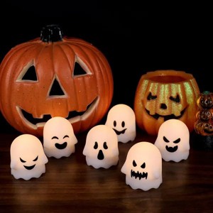 Halloween Ghost Lights Flameless Candles Operated w/ Remote & Timer 6 Pack Spooky LED Votive Candles Dimmable Light Indoor Decoration(2 x 2.4¡°) - 1 of 3