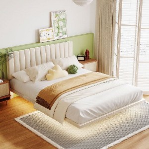 Queen-Size Velvet Upholstered Floating Platform Bed with Integrated Headboard and Sensor Light - 1 of 4