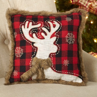 Lakeside Christmas Pillow with Faux Fur - Red and Black Buffalo Plaid - Reindeer