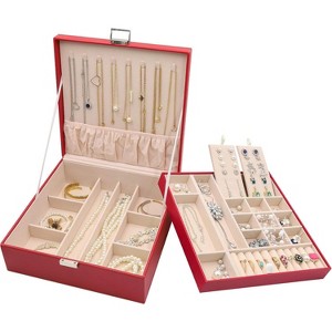 2-Layer Black Leather Jewelry Box with Removable Pad, Large Organizer Storage Case for Earrings and Other Jewelry - 1 of 4