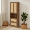 Tall Rattan Storage Cabinet with 2 Doors, 3 Drawers and Open Shelves, BookShelf, Pine Wood Storage Cabinet with USB Port for Living Room, Bedroom - 4 of 4