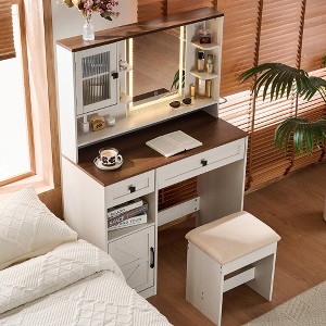 KWPZQEB Makeup Vanity Desk with Mirror and Stool, Dressing Table Set with Charging Station, Storage Drawers&Barn Door, Vanity Table for Bedroom - 1 of 4