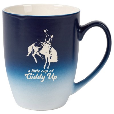 100 North Bucking Bronco 10 Ounce Navy Blue and White Two Toned Ombre, Comfortably Fits Your Hands, Ceramic Tea Coffee Cup Mug, A Little Cup Of Giddy