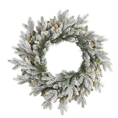 Nearly Natural 24” Flocked Artificial Christmas Wreath with 50 LED Lights