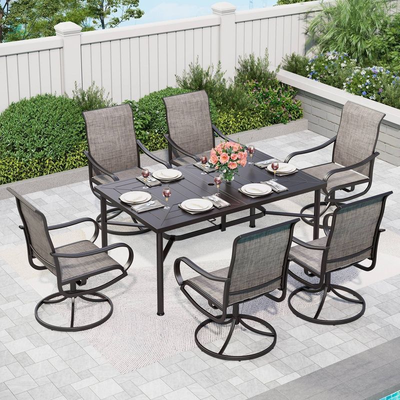 7pc Outdoor Dining Set with Swivel Sling Chairs &#38; Large Metal Rectangle Table with Umbrella Hole - Gray - Captiva Designs, 1 of 18