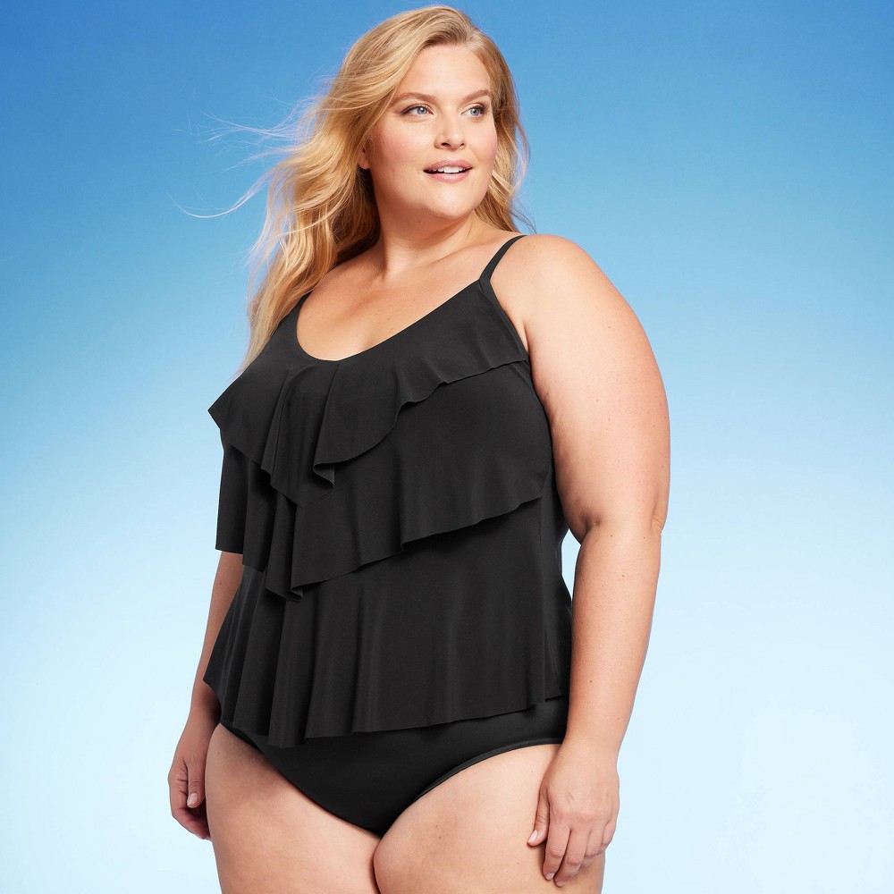 Women's UPF 50 Tiered Tankini Top - Aqua Green® Black 1X