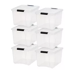 IRIS USA 40 Quart Plastic Storage Bin Tote Organizing Container with Durable Lid and Secure Latching Buckles, Pearl with Black Buckle, Set of 6