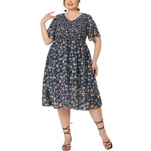 Agnes Orinda Women's Plus Size Elegant Smocked Chiffon Floral Midi A Line Dresses - 1 of 4