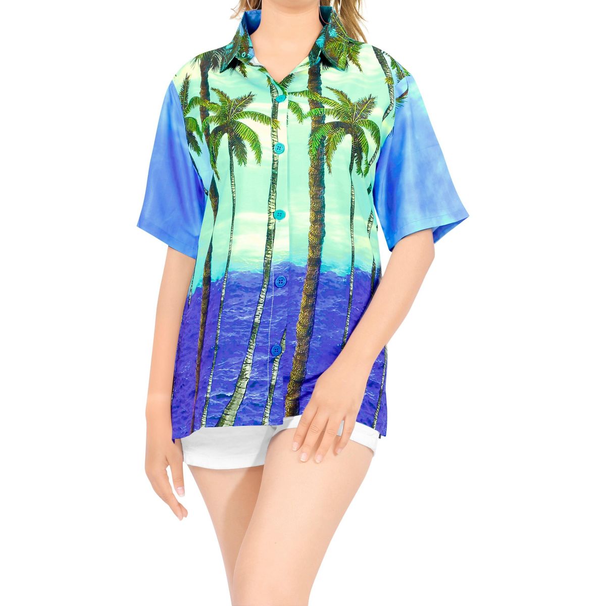 HAPPY BAY Hawaiian Shirts Womens Casual Summer Beach Party TShirts Button Up Short Sleeve Vacation Dress Shirts Colorful Blouses for Women L Blue,Tree - thumbnail 5
