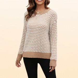 EadianDree Womens Checkered Crew Neck Long Sleeve Pullover Sweater