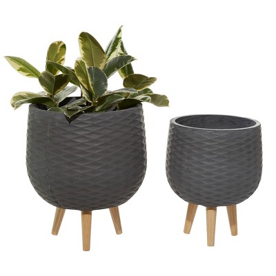 Set of 2 Modern Fiberclay and Wood Planters Gray - Olivia & May