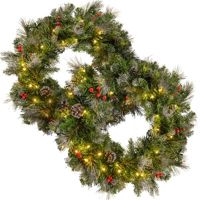 Christopher Knight Home Asher 24’’ Glitter Bristle Mixed Wreath with Warm White Lights (Set of 2)