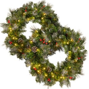 Christopher Knight Home Asher 24’’ Glitter Bristle Mixed Wreath with Warm White Lights (Set of 2) - 1 of 4