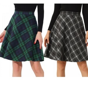 Allegra K Women's Christmas Plaid Vintage Tartan Elastic Waist Knee Length A-Line Skirt 2 Packs - 1 of 4
