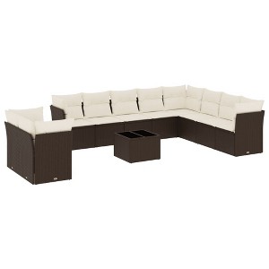vidaXL Patio Sofa Set with Cushions Outdoor Furniture 11 Piece Poly Rattan - Brown and Cream With Table - 1 of 4