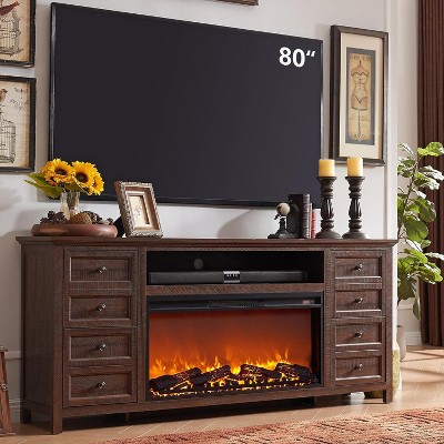 70 Inch Farmhouse Fireplace TV Stand with 36" Electric Fireplace for 80 Inch TVs, Entertainment Center with 8 Drawer