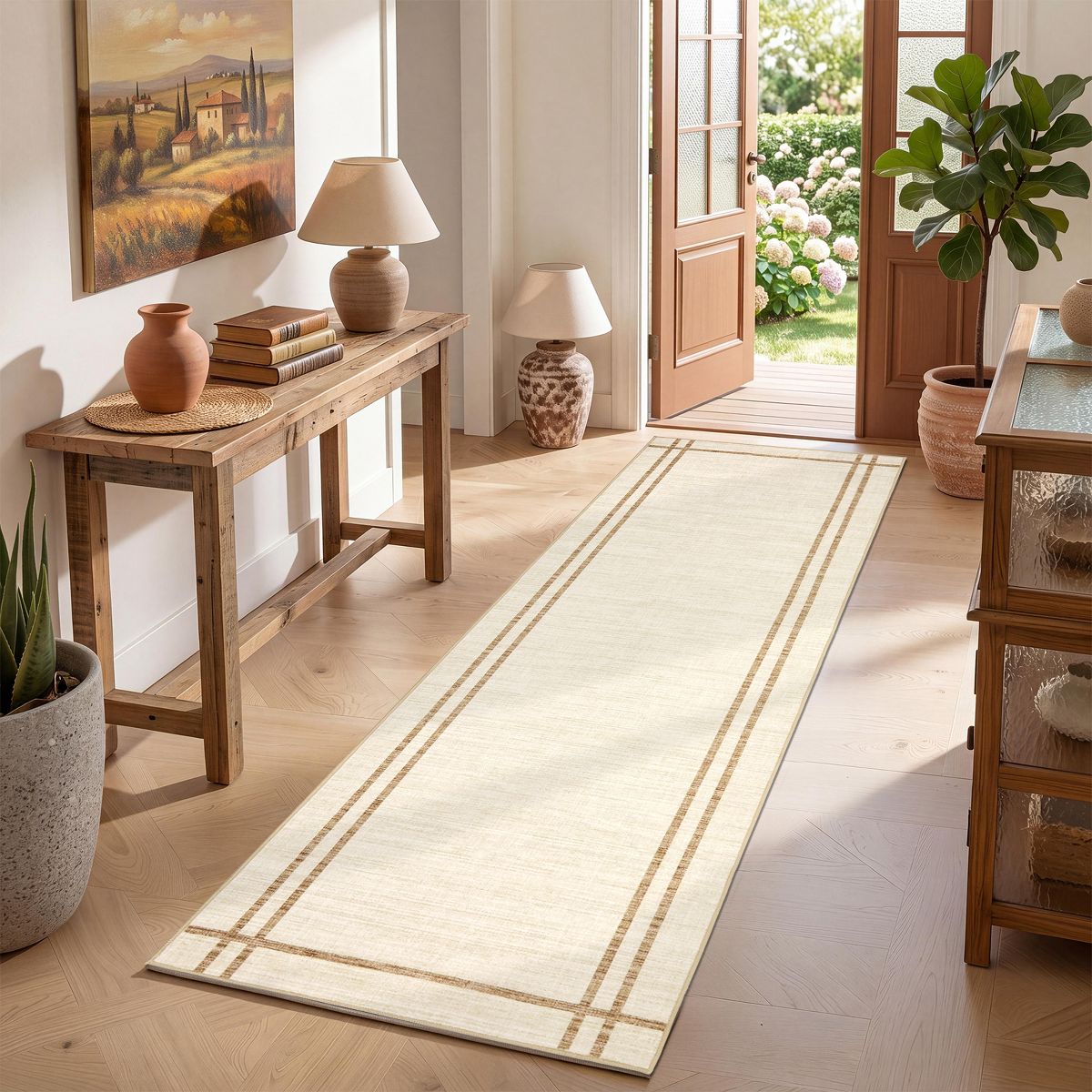 Bordered Washable Area Rug with Non-Slip TPR Backing, Soft Neutral Carpet