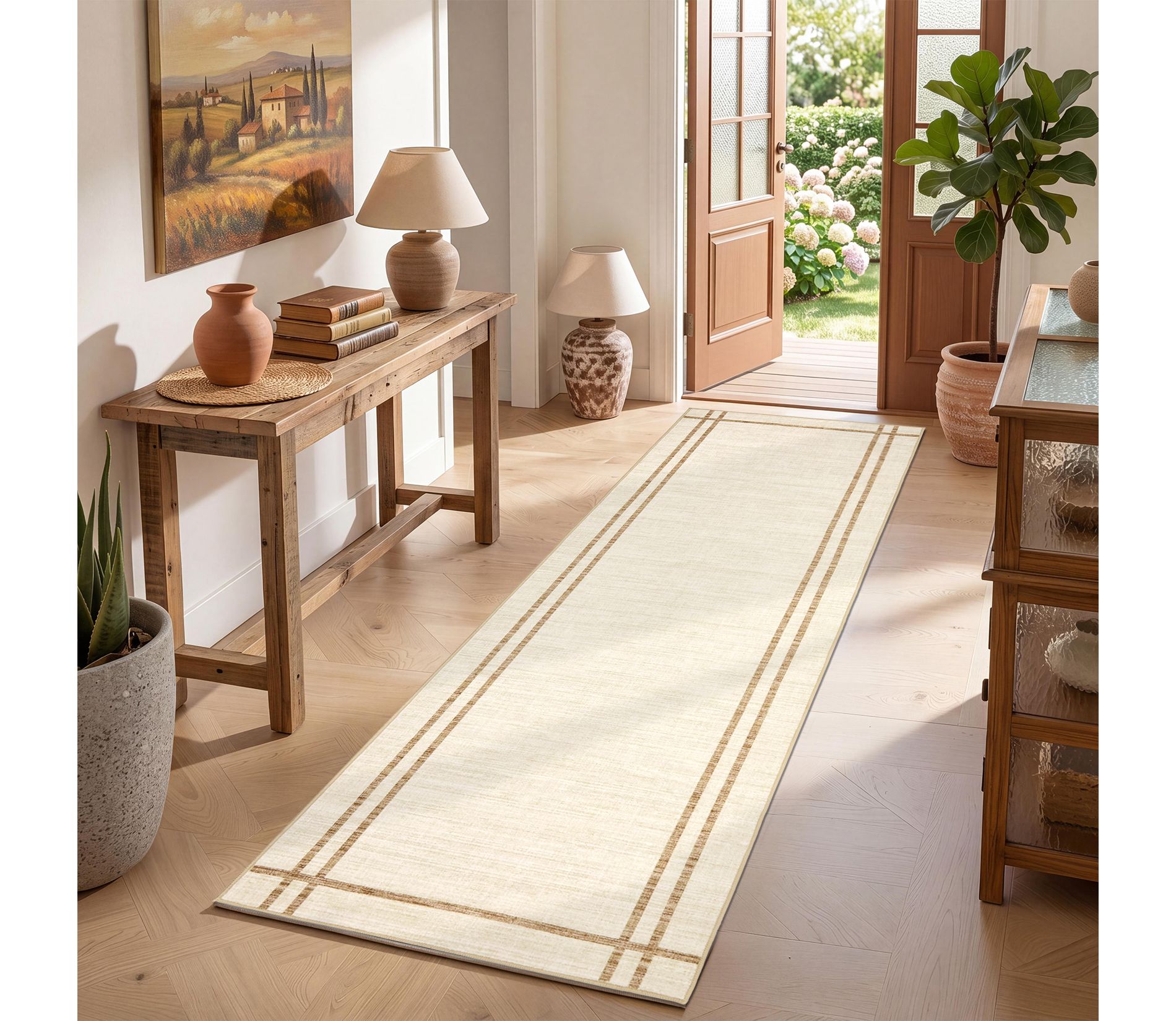 Bordered Washable Area Rug with Non-Slip TPR Backing, Soft Neutral Carpet