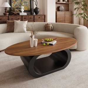 "47.2"" Wood Oval Brown Modern Coffee Table With Black Stainless Steel For Living Room " - 1 of 4