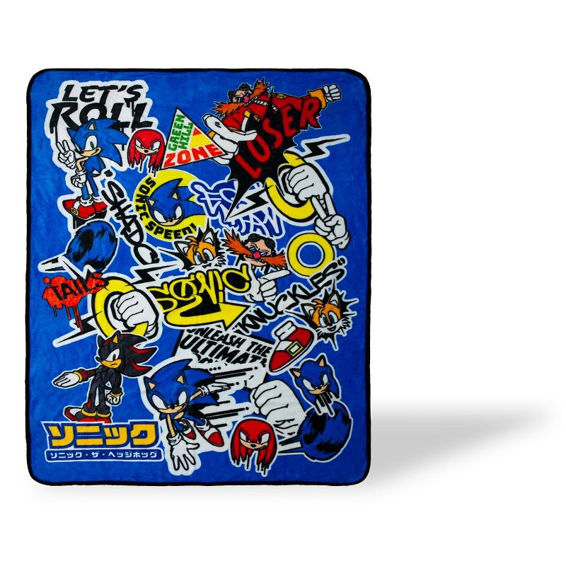 Just Funky Sonic The Hedgehog Sticker Bomb Fleece Throw Blanket | 45 x 60 Inch Cozy Blanket, 1 of 8
