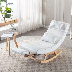 Solid Wood Ergonomic White Rocking Chair, PU Accent Chair with Retractable Footrest - Maison Boucle - 1 of 4
