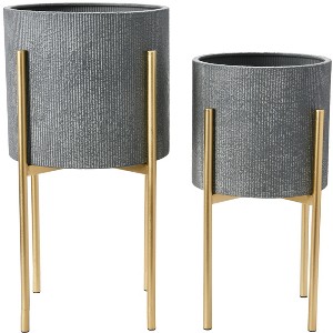 Storied Home Modern Boho Embossed Metal Planters with Stands, Set of 2 Sizes - 1 of 4