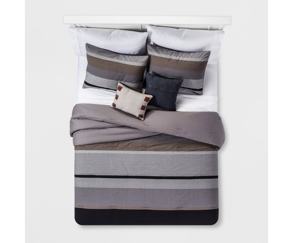 Gray & Brown Color Block Stripe Cotton Comforter Set (Full/Queen) 5pc