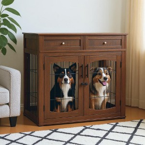 3-Doors Dog Crate Furniture, with 2 Drawers - 1 of 4