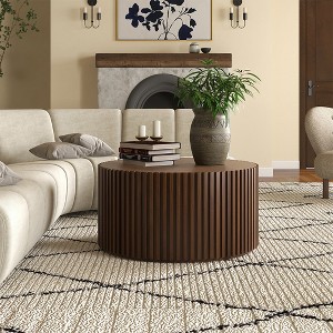 POVISON Fluted Round Coffee Table, Minimalist Wood Coffee Table, Mid Century Modern, Dark Walnut Color, Fluted, Fully Assembled, 31.5" - 1 of 4