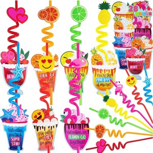 Joyfy 28 Pack Valentines Day Gift Cards with Colorful Loop Reusable Drinking Straws for Valentine Party Favors, Kids Classroom Exchange - 1 of 4