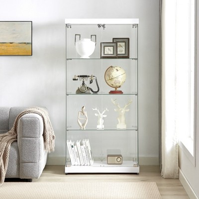 VYNXARIA 4-Tier Double Door Glass Display Cabinet£¬Floor Standing Storage with Four Partitions and Two Locks for Living Room & Bedroom£¬White