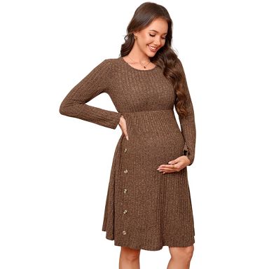 YESFASHION Women Maternity Long Sleeve Dress, Round Neck Ribbed Knit Midi Dress, Side Decorative Button Pregnancy Dress,,L,Caramel : Target