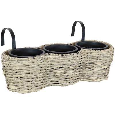 Sunnydaze Indoor/Outdoor Polyrattan Over-the-Rail Tri-Planter with 3 Round Black Plastic Liners - Frost