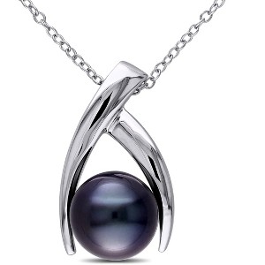 EVERLY JEWELRY | Sterling Silver 9.5-10mm Black Tahitian Pearl Crisscross Pendant with Chain, 18" - 1 of 4