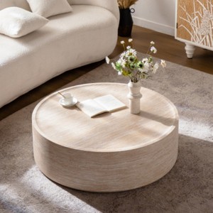 Modern Drum-Style Round Coffee Table with Marble Texture Pattern, No-Assembly Accent Table for Living Room or Apartment – The Pop Home - 1 of 4