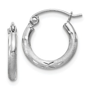 Black Bow Jewelry 2mm x 13mm 14k White Gold Satin & Diamond-Cut Round Hoop Earrings - 1 of 4
