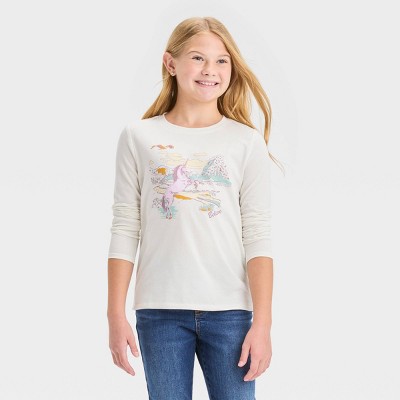 Girls' Flip Sequin 'Heart' Short Sleeve Graphic T-Shirt - Cat & Jack™ Cream  M