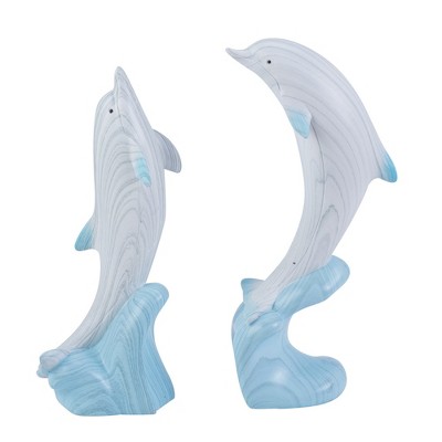 Set of 2 Blue and White Resin Dolphin Figurines