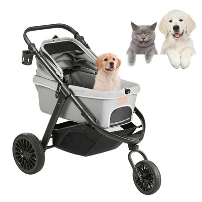 VEVOR Pet Stroller, 3 PU Wheels Dog Stroller Rotate ,75 lbs Weight Capacity, Puppy Stroller with Pet Pad, Storage Basket and External Cup Holder
