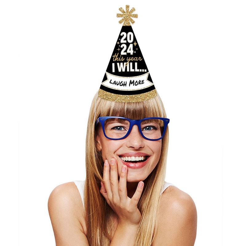 Big Dot of Happiness Hello New Year - Cone Party Hats - 2024 NYE Resolution Cone Party Hat for Adults - Set of 8 (Standard Size), 3 of 9