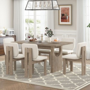 7-Piece Retro Dining Set, 1 Rectangular Table with Designed Trestle Base and 6 Upholstered Chairs for Dining Room and Kitchen - 1 of 4