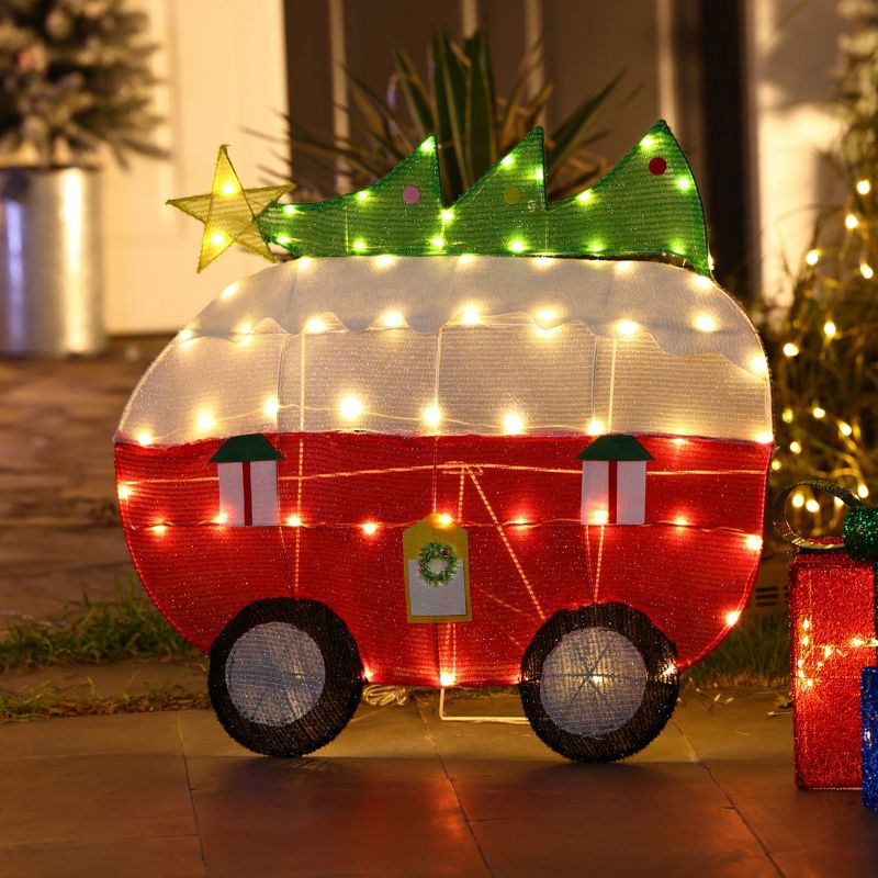 LuxenHome Red and White Camper with Tree Lighted Indoor Outdoor Holiday Decoration Multi-Color, 2 of 5
