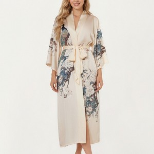 Anna-Kaci Lounge Women's Long Satin Floral Print Robe with Waist Tie and Wide Sleeves - 1 of 4